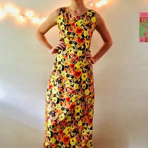 Vintage 60s Neon Multicolored Handmade Floral Maxi Dress Size XS